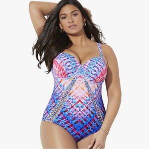 Swimsuits For All Macrame Underwire One Piece Watercolor 14 New